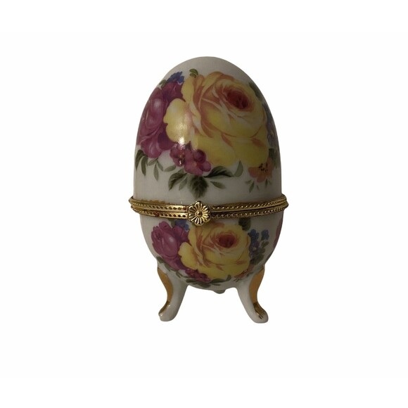 Vintage Porcelain Egg Hinged Trinket Box Yellow Rose Footed Gold Accents 3.5" - Picture 3 of 10